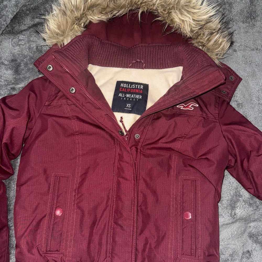 Hollister Red Ski Jacket with Fur-Trimmed Hood